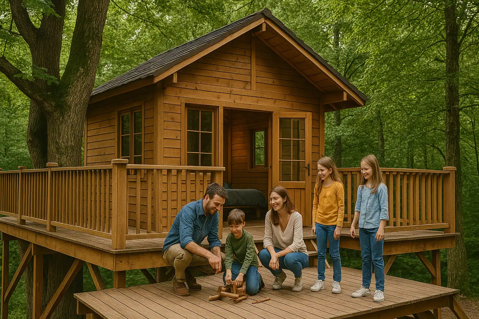 Famille rassemblée devant une cabane perchée en bois, partageant un moment ludique en pleine forêt.