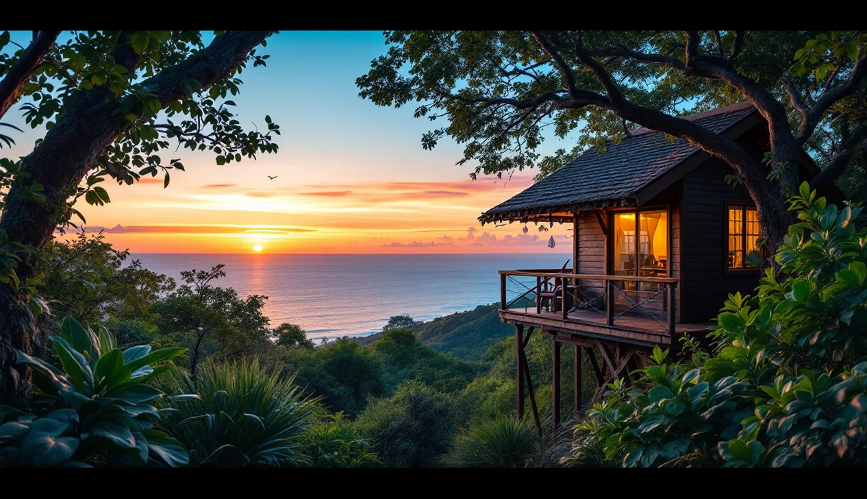 Hébergement insolite Martinique : cabane dans les arbres au coucher de soleil
