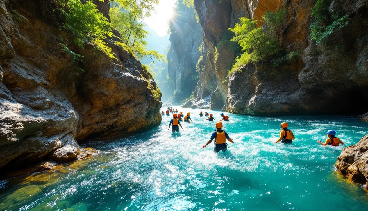 Canyoning, descente d'un torrent entre les cascades