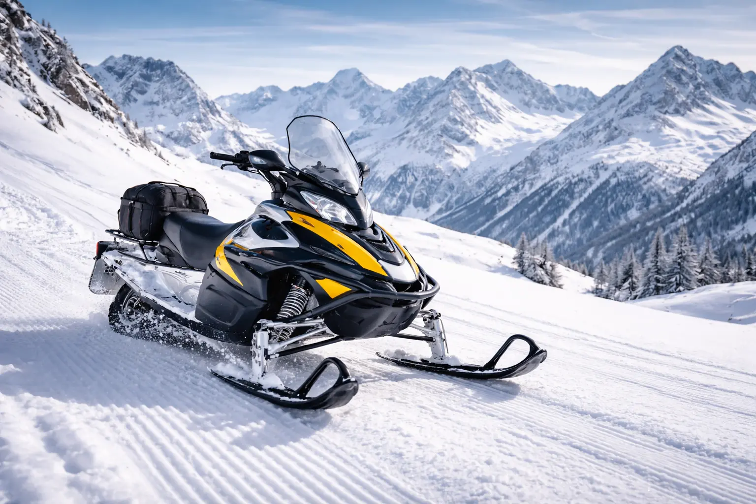 Motoneige sur une piste enneigée face aux sommets alpins