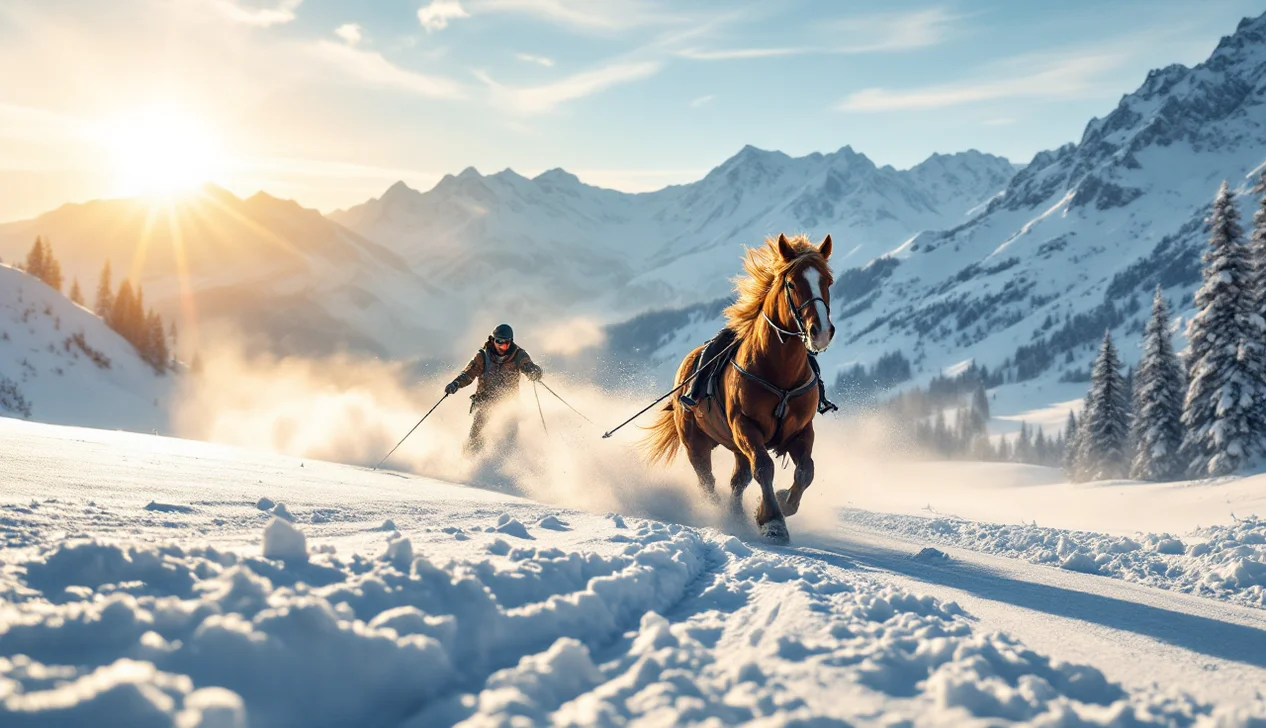 Ski-joëring, skieur tracté par un cheval sur la neige