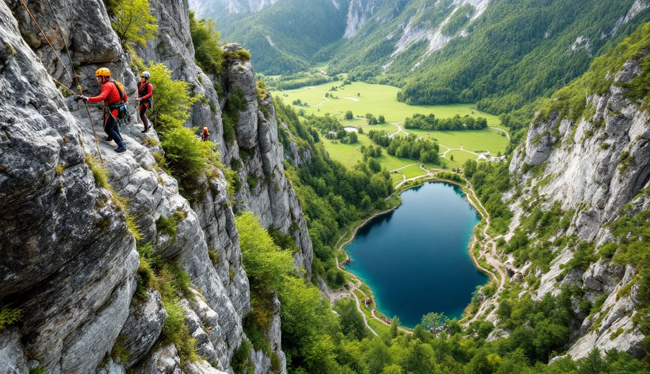 Via ferrata le long d'une paroi rocheuse équipée
