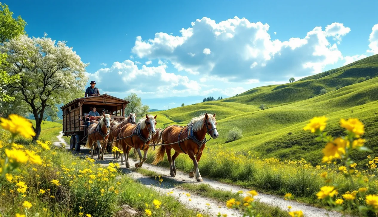 Balade en calèche tirée par un cheval dans la campagne