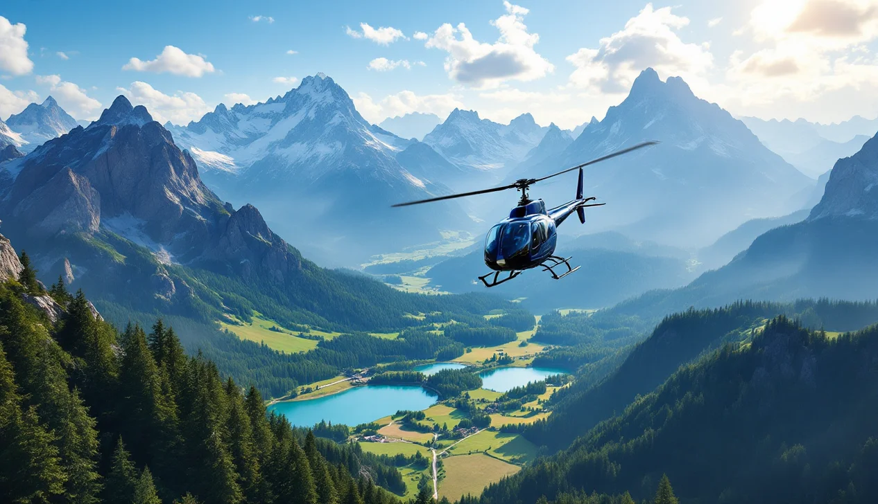 Baptême en hélicoptère survolant un paysage de montagne