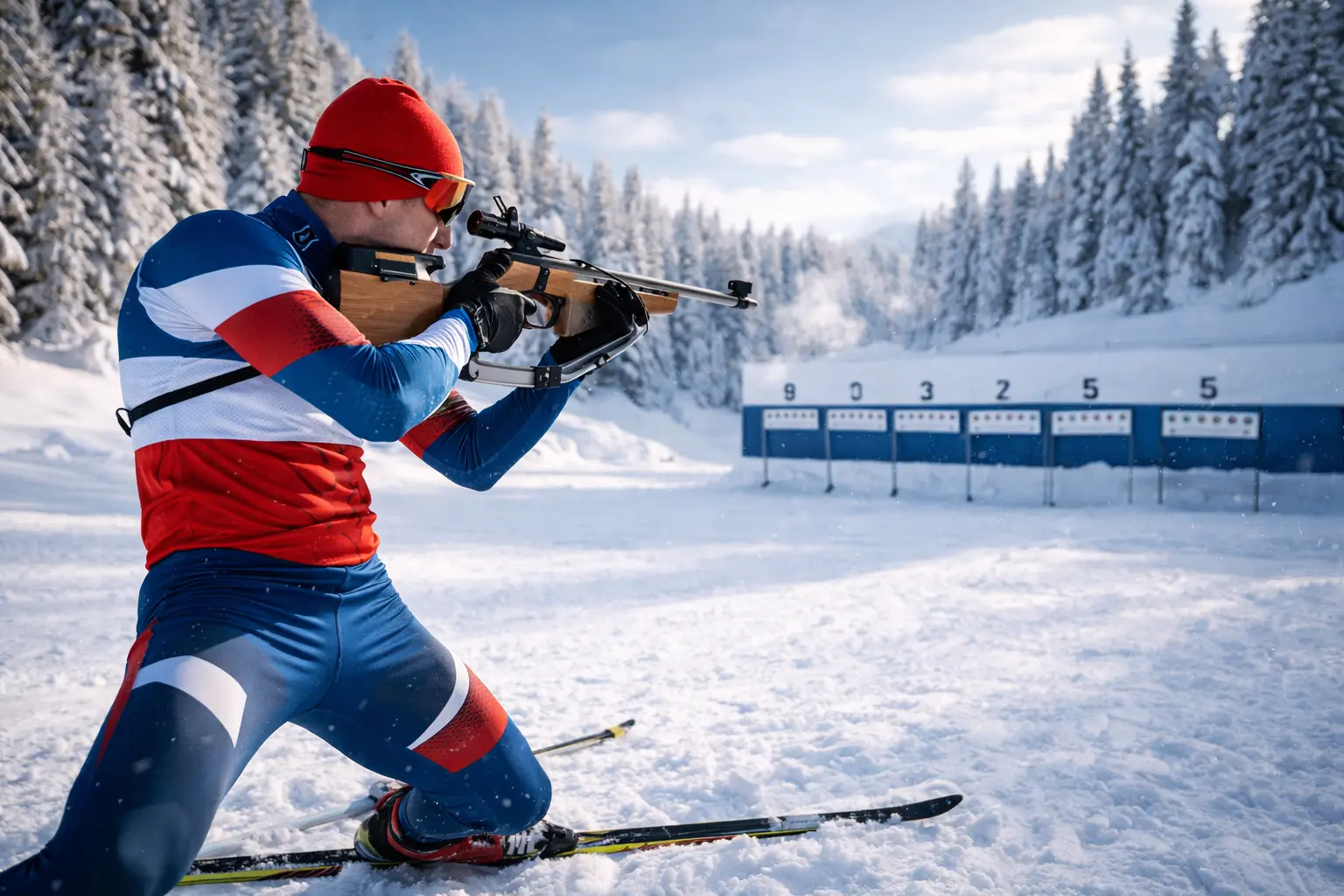 Biathlète au tir après le ski de fond sur piste enneigée