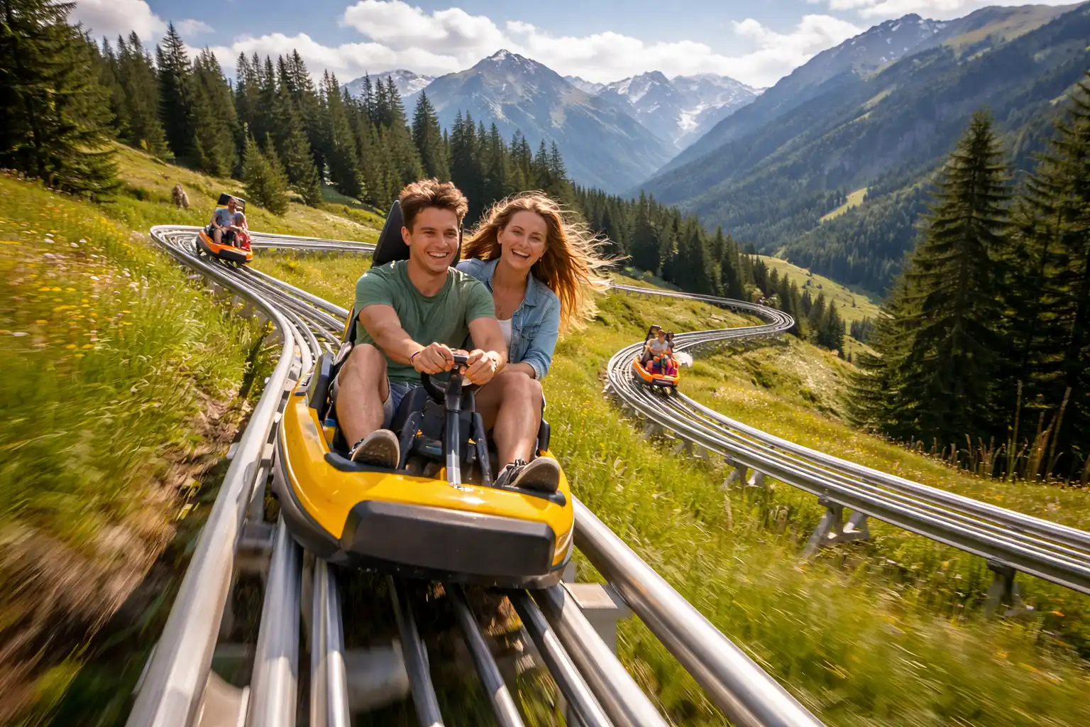 Luge sur rail dévalant la montagne, participants souriants