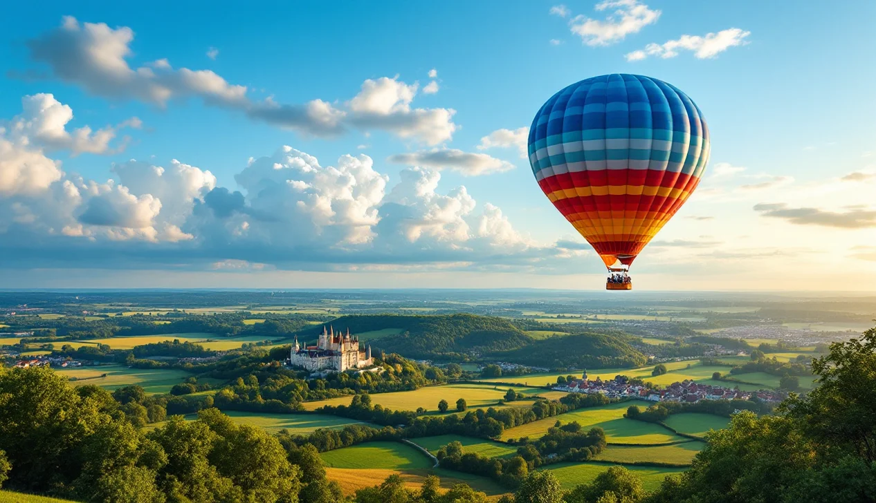 Vol en montgolfière au-dessus de la campagne au lever du soleil