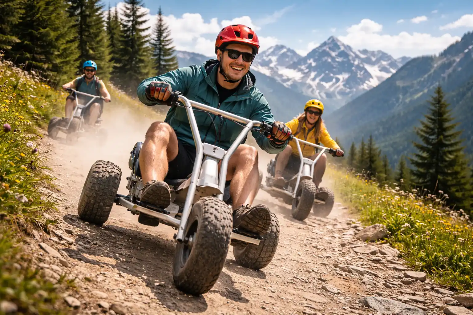 Mountain-cart à trois roues descendant un sentier de montagne