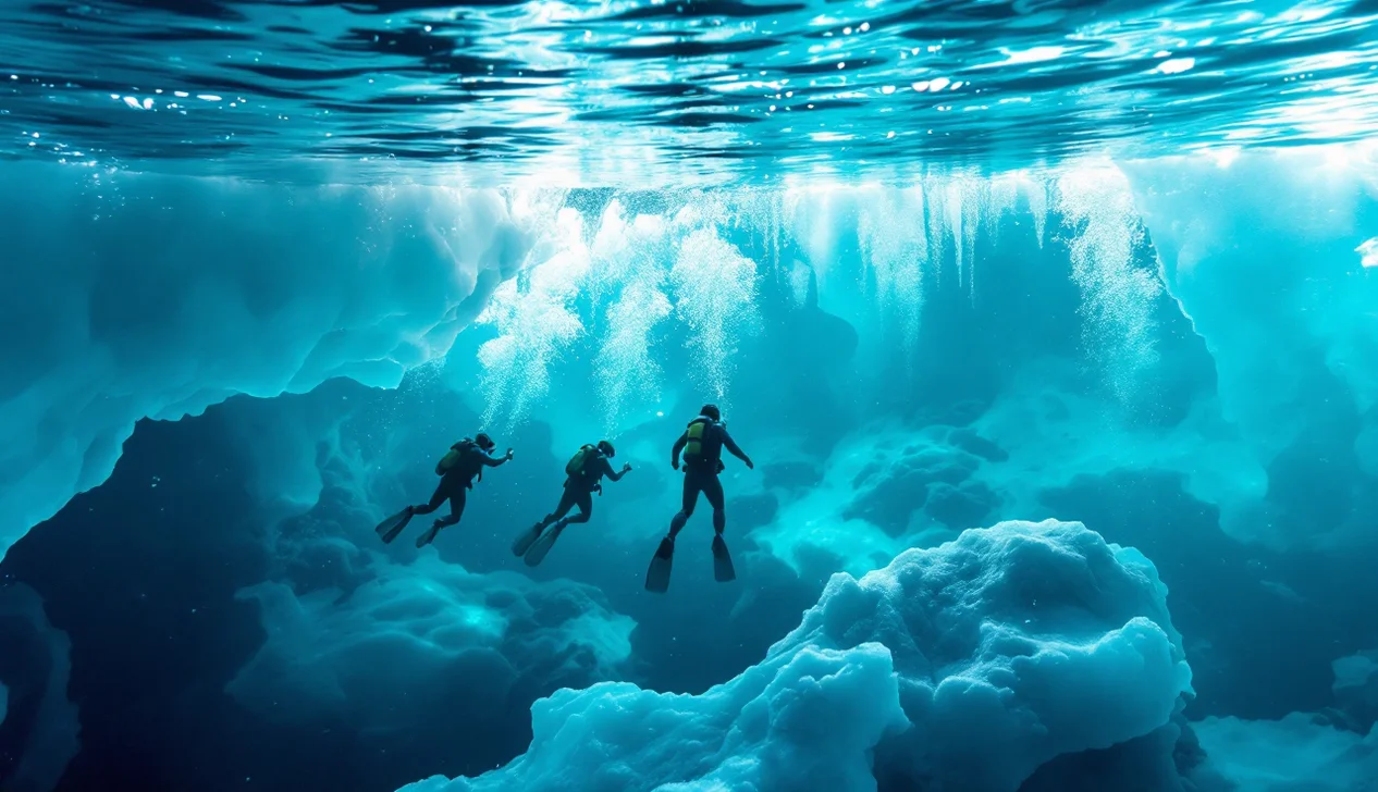 Plongée sous glace dans un lac de montagne gelé
