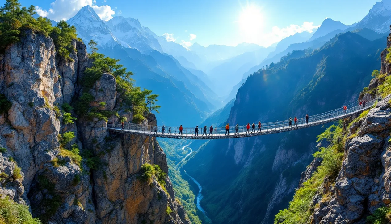 Pont himalayen suspendu au-dessus d'un canyon