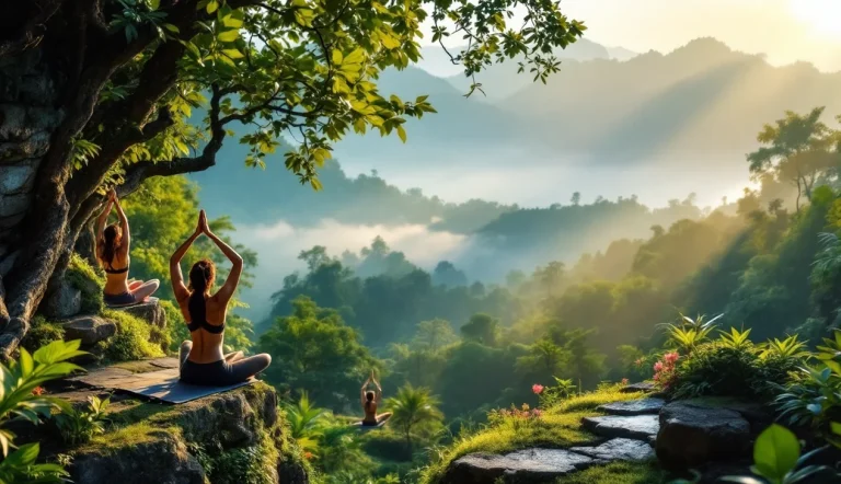 Groupe de yogis pratiquant le yoga à Ubud, Bali, dans un cadre naturel apaisant