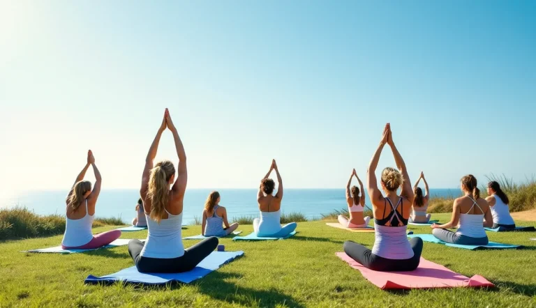 Retraite yoga en France avec participants en pleine séance de yoga