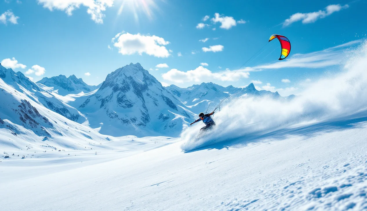 Snowkite sur un plateau enneigé d'altitude