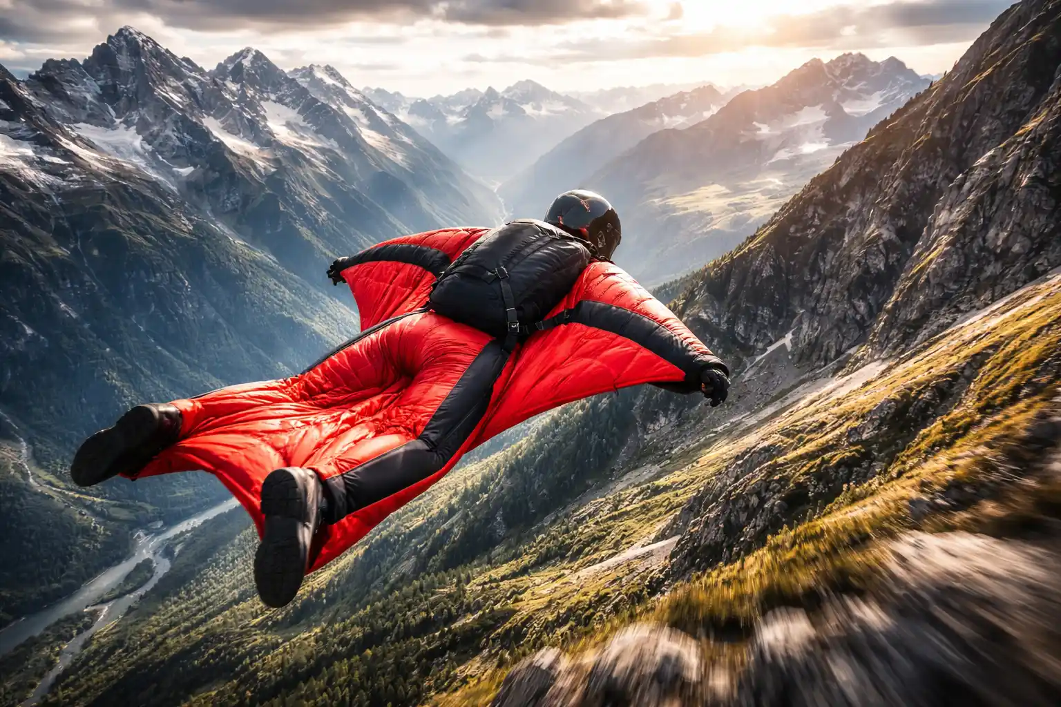 Wingsuit en vol au-dessus d'un paysage alpin